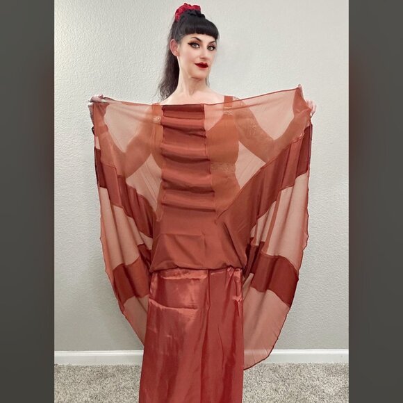 90s Vintage Bronze Silk Chiffon Halter Dress Art Deco Formal Maxi Retro 30s 10 - Picture 4 of 10